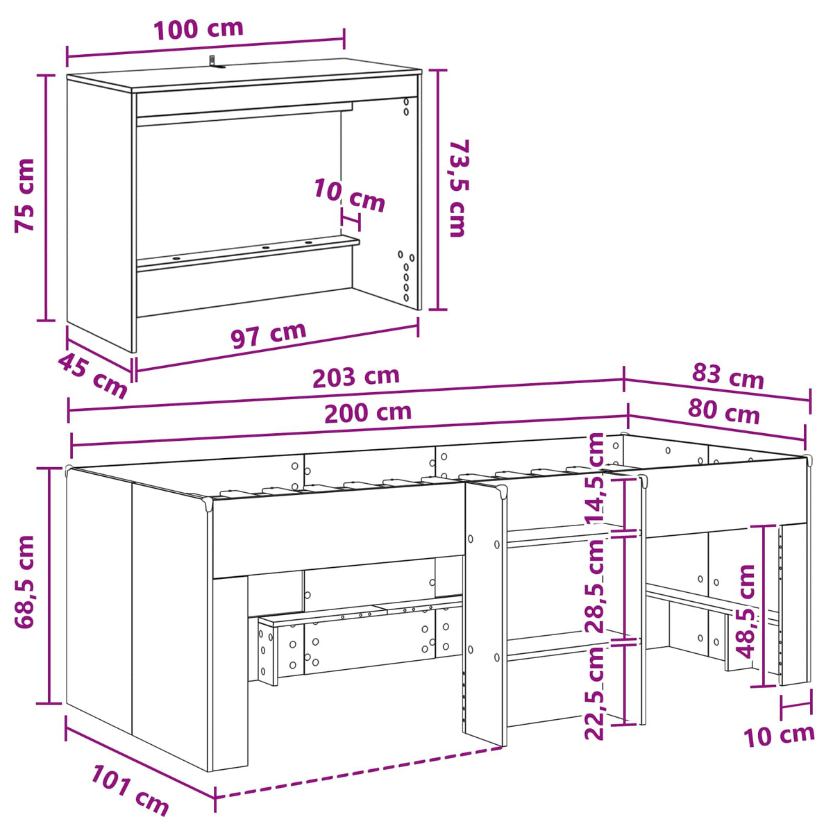 vidaXL Hoge Bed Frame met Bureau voor Kinderen Wit 80 x 200 cm