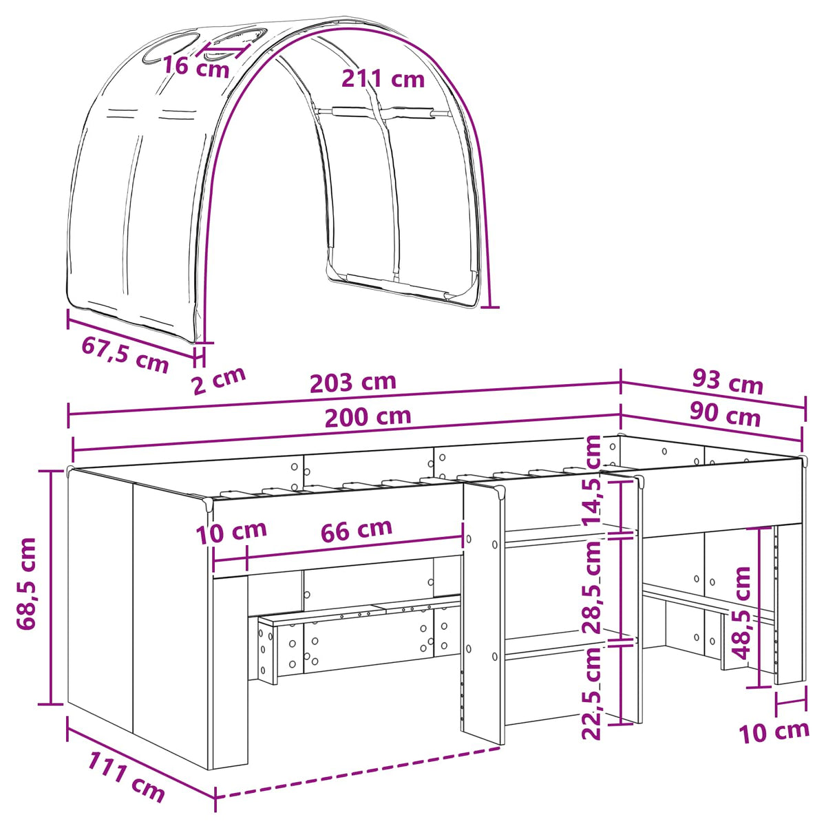 vidaXL Hoge Bed Frame voor Kids met Tunnel Wit en Lichtblauw