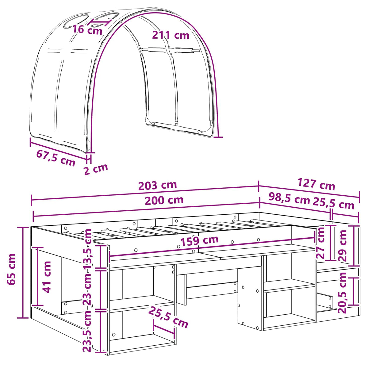 vidaXL Bedframe met tunnel 3 pcs Wit en Lichtblauw Geconstrueerd hout
