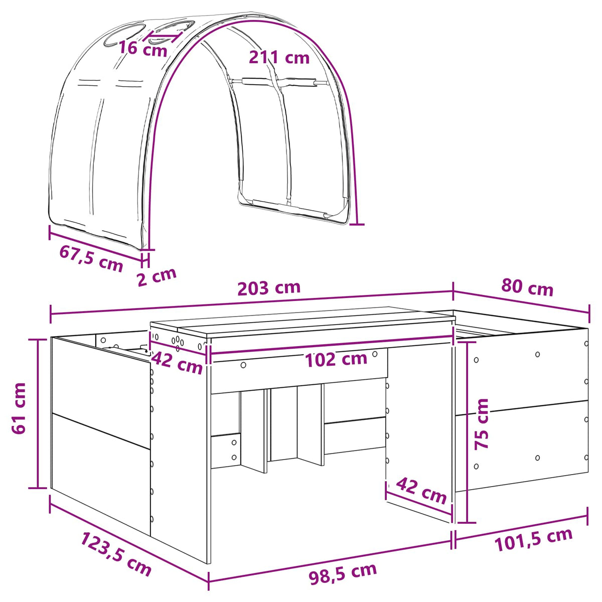 vidaXL Bedframe met Tunnel met plank 3 pcs Wit en Roze Bewerkt hout