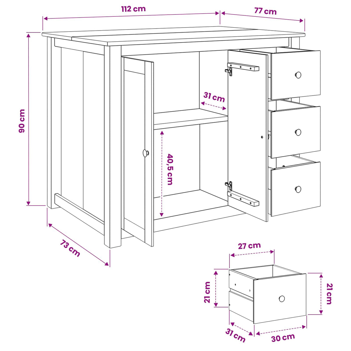vidaXL Keuken Trolley PANAMA 2 pcs Honing Wax 112 x 77 x 90 cm