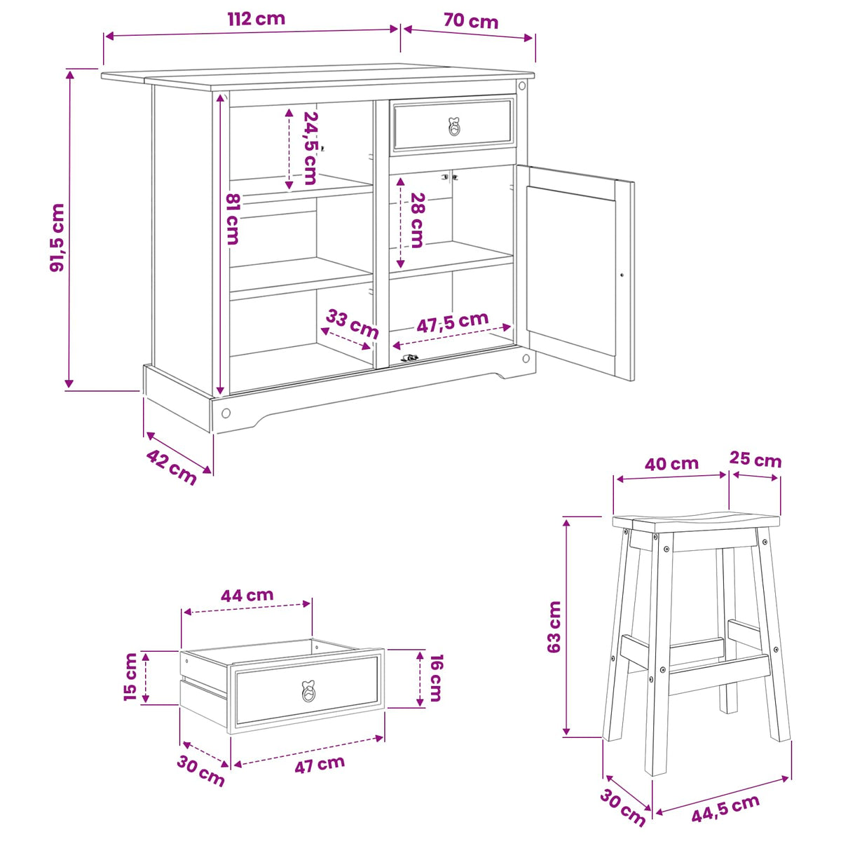 vidaXL Keuken Eiland Set met lade 3 pcs Honing Wax Massief dennenhout