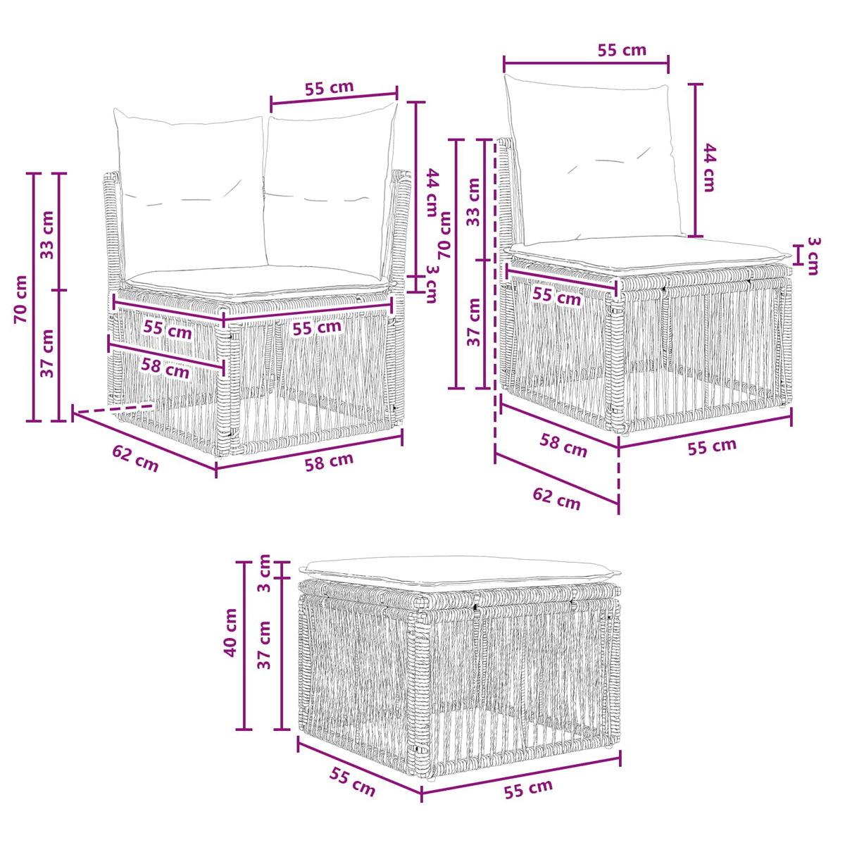 vidaXL Tuinbankenset 7 pcs Zwart poly rattan