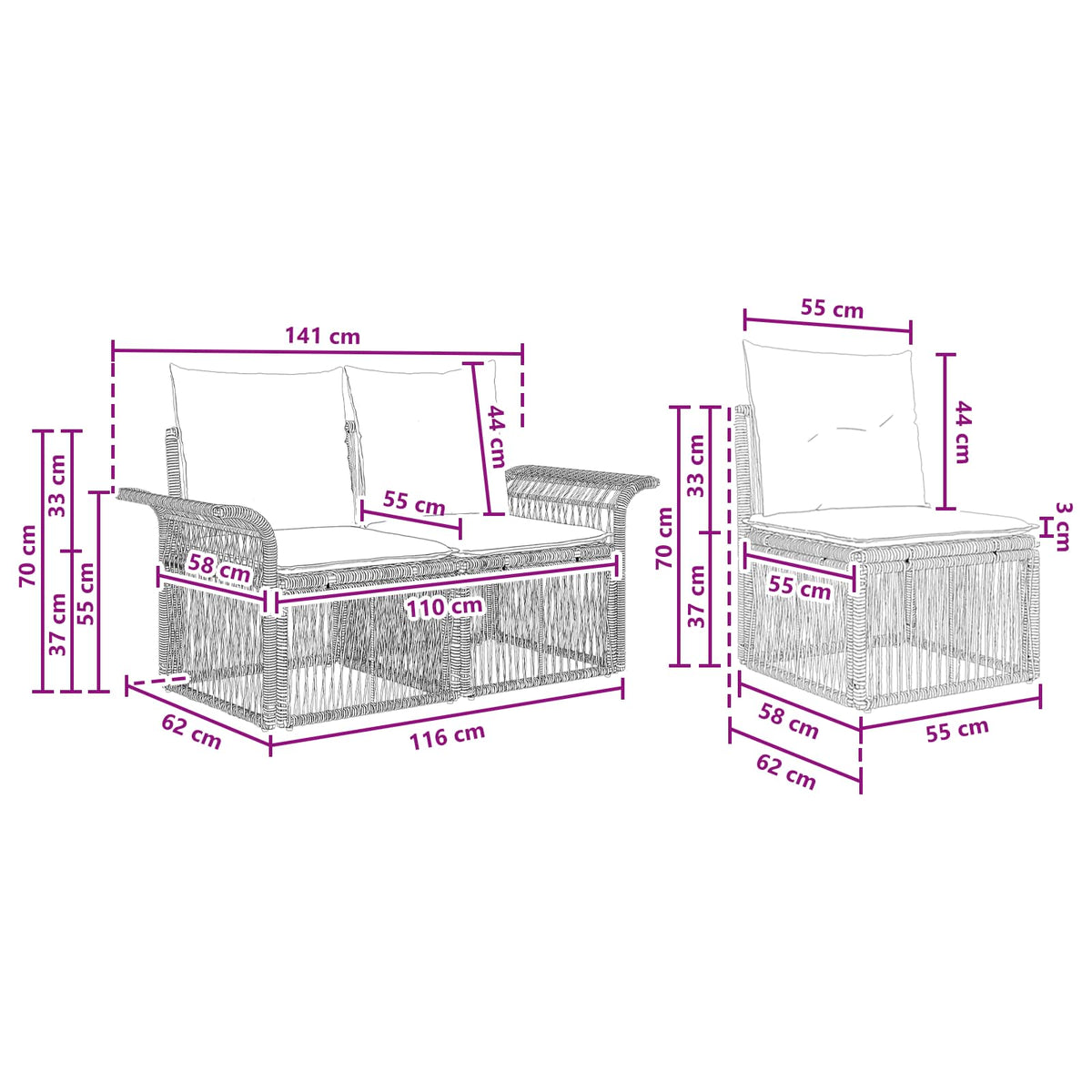 vidaXL Tuinbankenset 9 pcs Zwart poly rattan