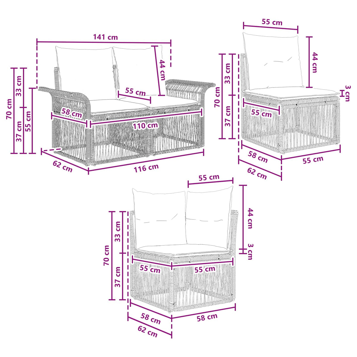 vidaXL Tuinbankenset 10 pcs Zwart poly rattan