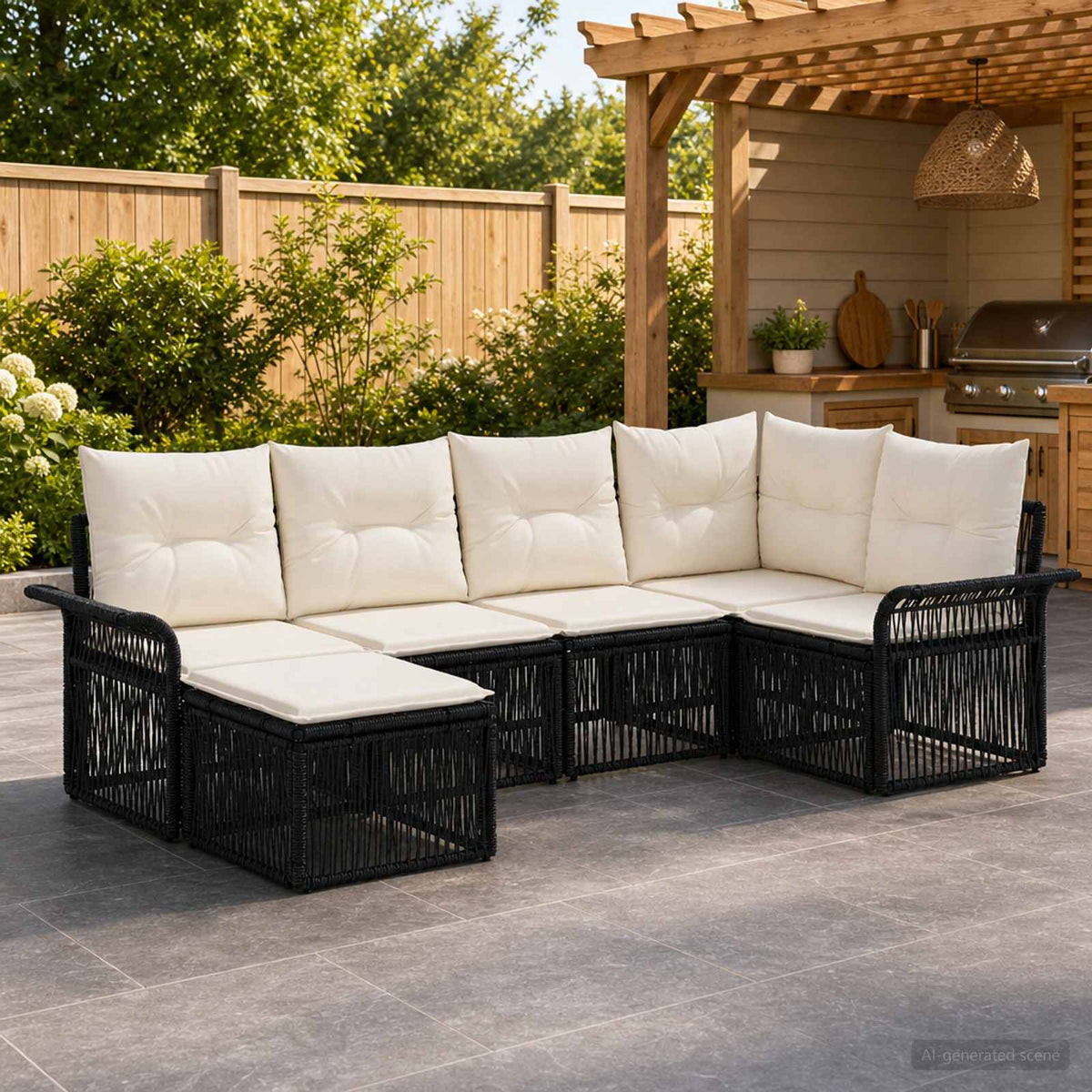 vidaXL Tuinbankenset 7 pcs Zwart poly rattan