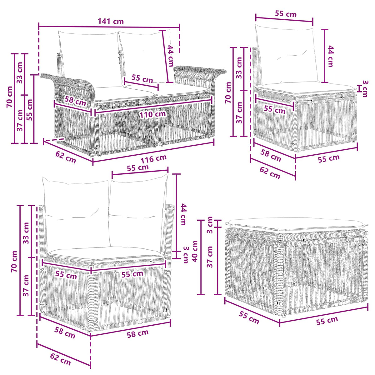 vidaXL Tuinbankenset 8 pcs Zwart poly rattan