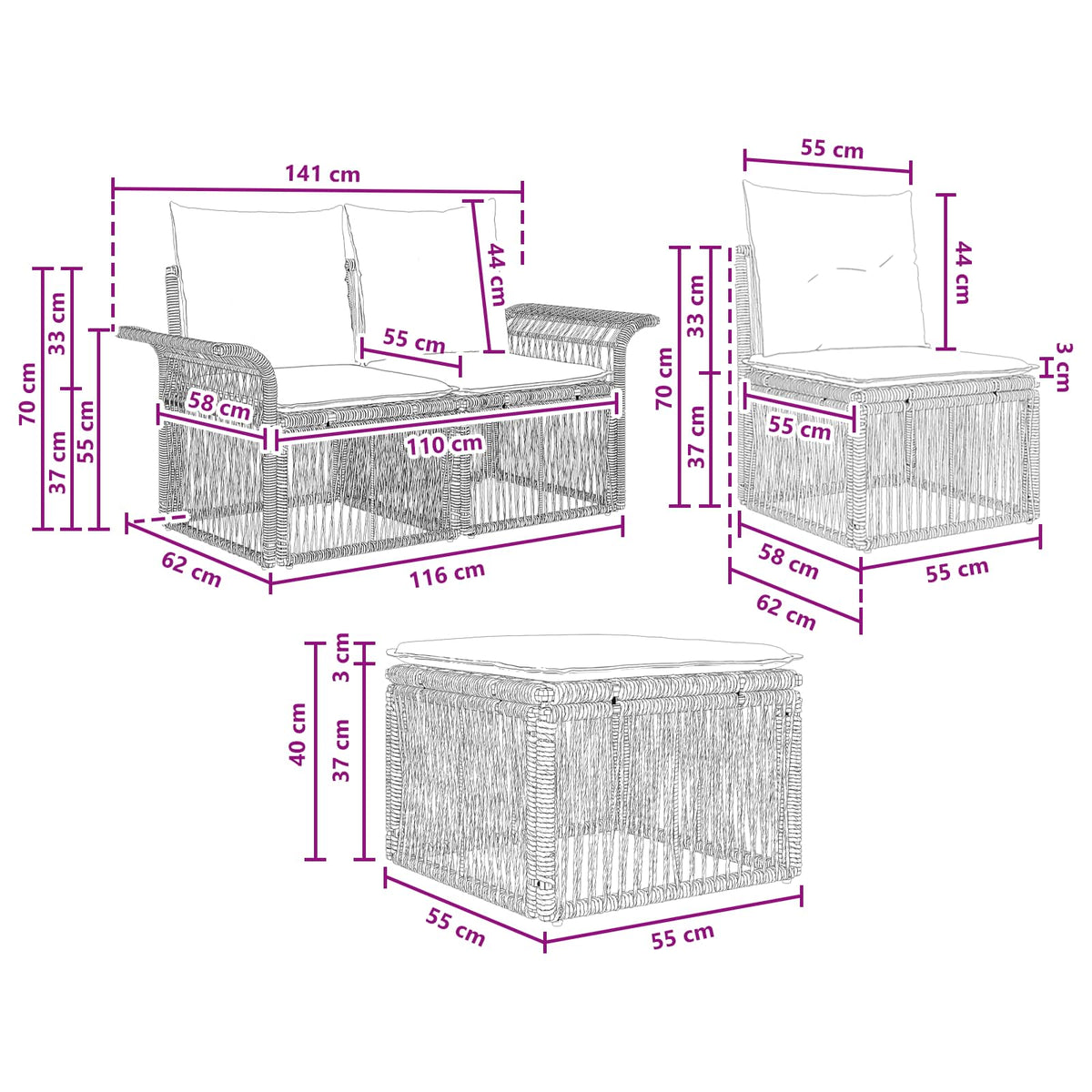 vidaXL Tuinbankenset 10 pcs Zwart poly rattan