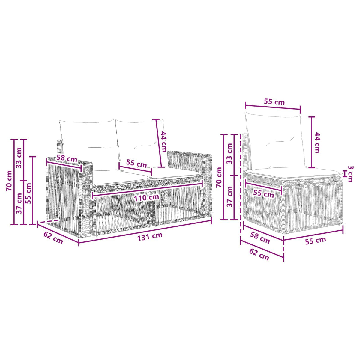 vidaXL Tuinbankenset 7 pcs Zwart en Cream Wit poly rattan