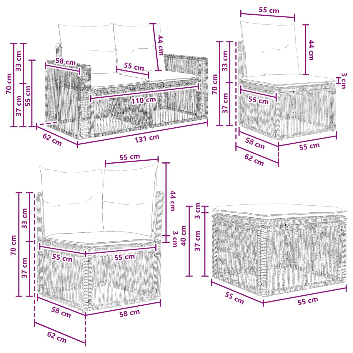 vidaXL Tuinbankenset 7 pcs Zwart en Cream Wit poly rattan