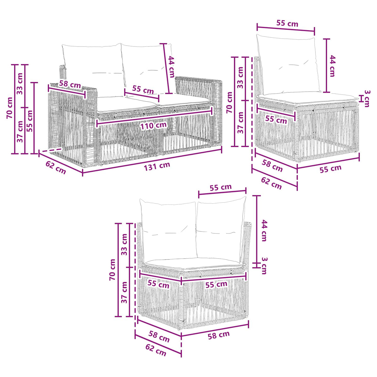 vidaXL Tuinbankenset 11 pcs Zwart en Cream Wit poly rattan