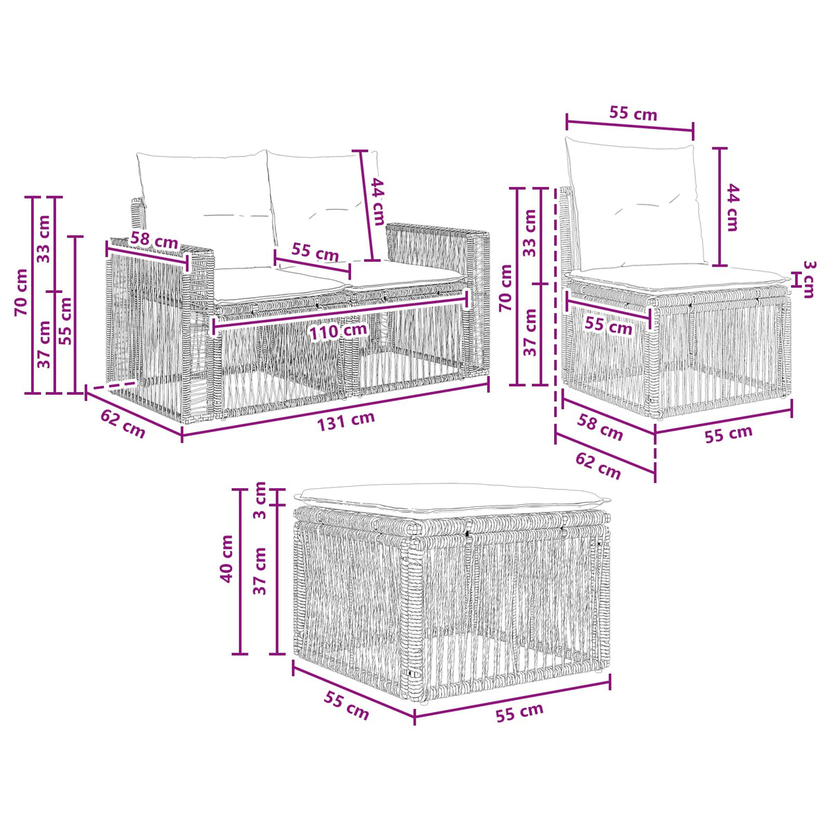 vidaXL Tuinbankenset 11 pcs Zwart en Cream Wit poly rattan