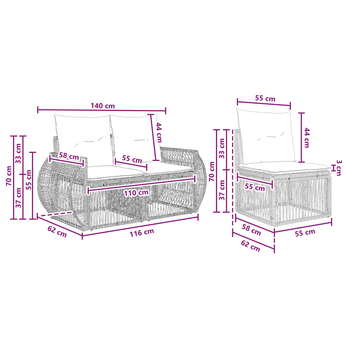 vidaXL Tuinbankenset 6 pcs Zwart en Cream Wit poly rattan