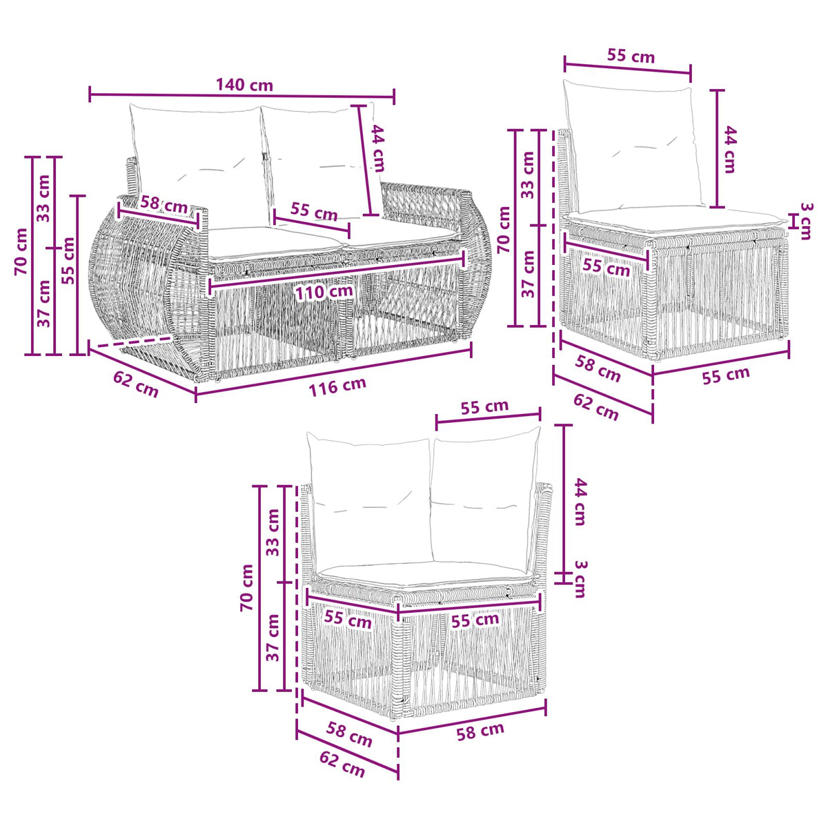 vidaXL Tuinbankenset 10 pcs Zwart en Cream Wit poly rattan