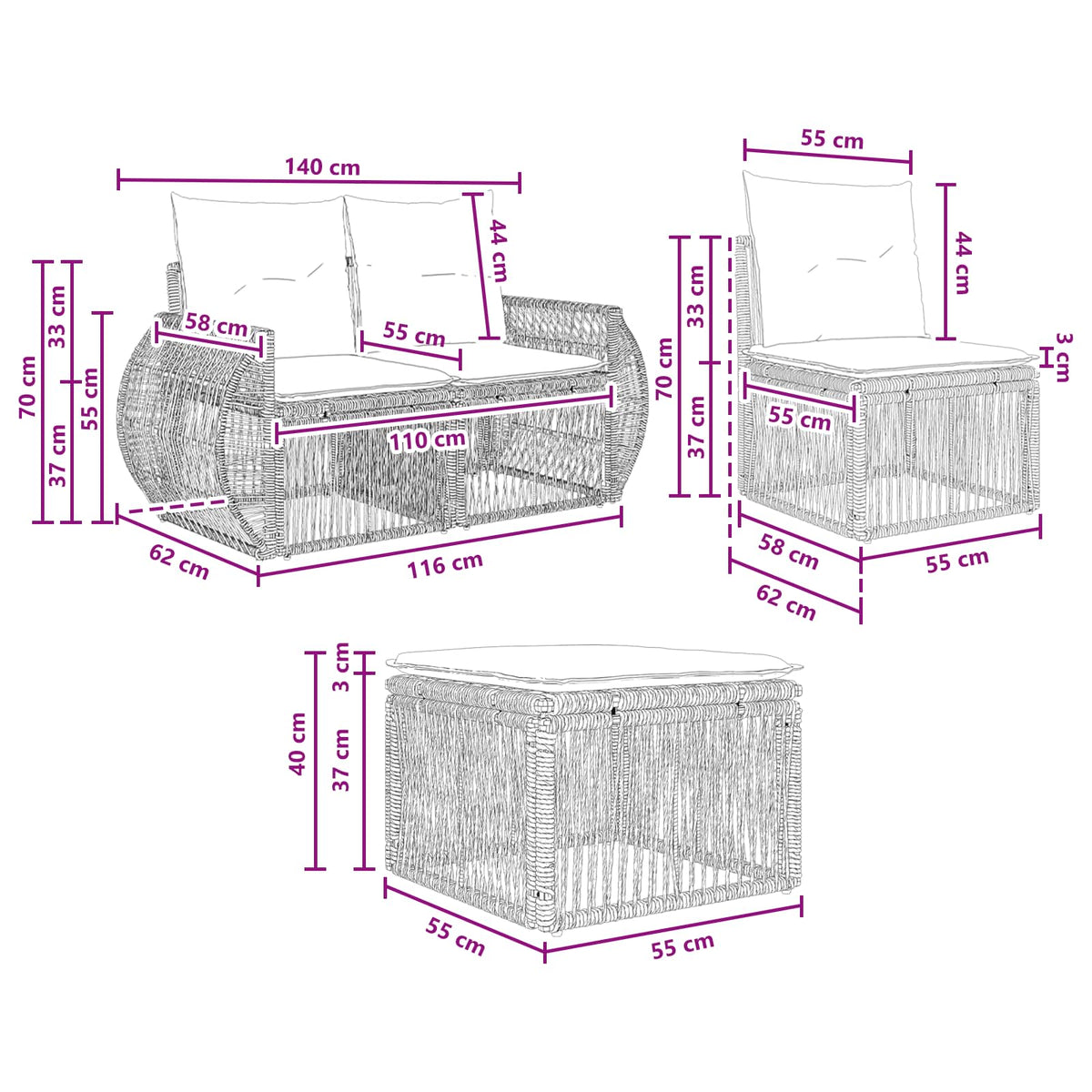 vidaXL Tuinbankenset 7 pcs Zwart en Cream Wit poly rattan