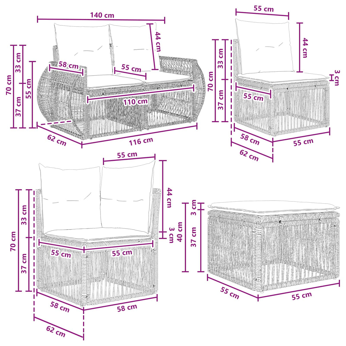 vidaXL Tuinbankenset 13 pcs Zwart poly rattan