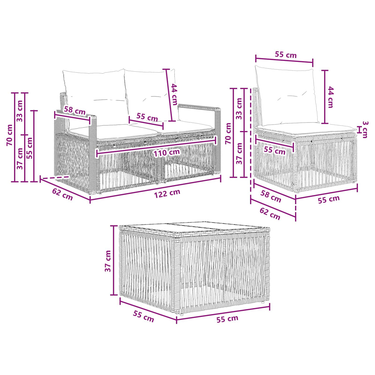 vidaXL Tuinbankenset 6 st Zwart poly rattan