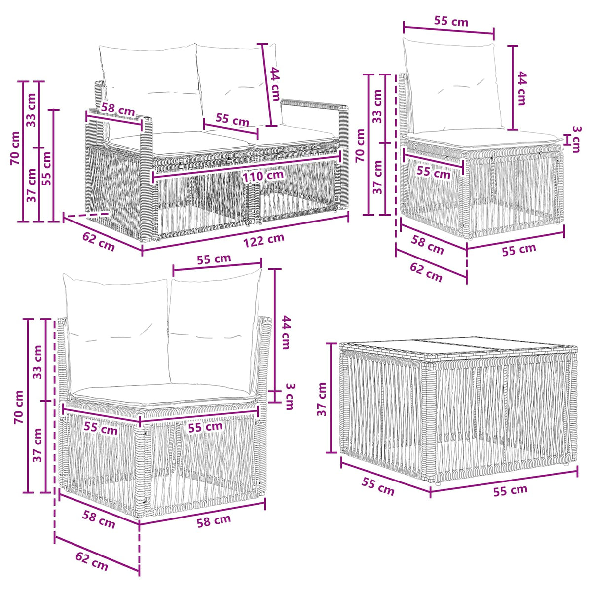 vidaXL Tuinbankenset 9 st Zwart poly rattan
