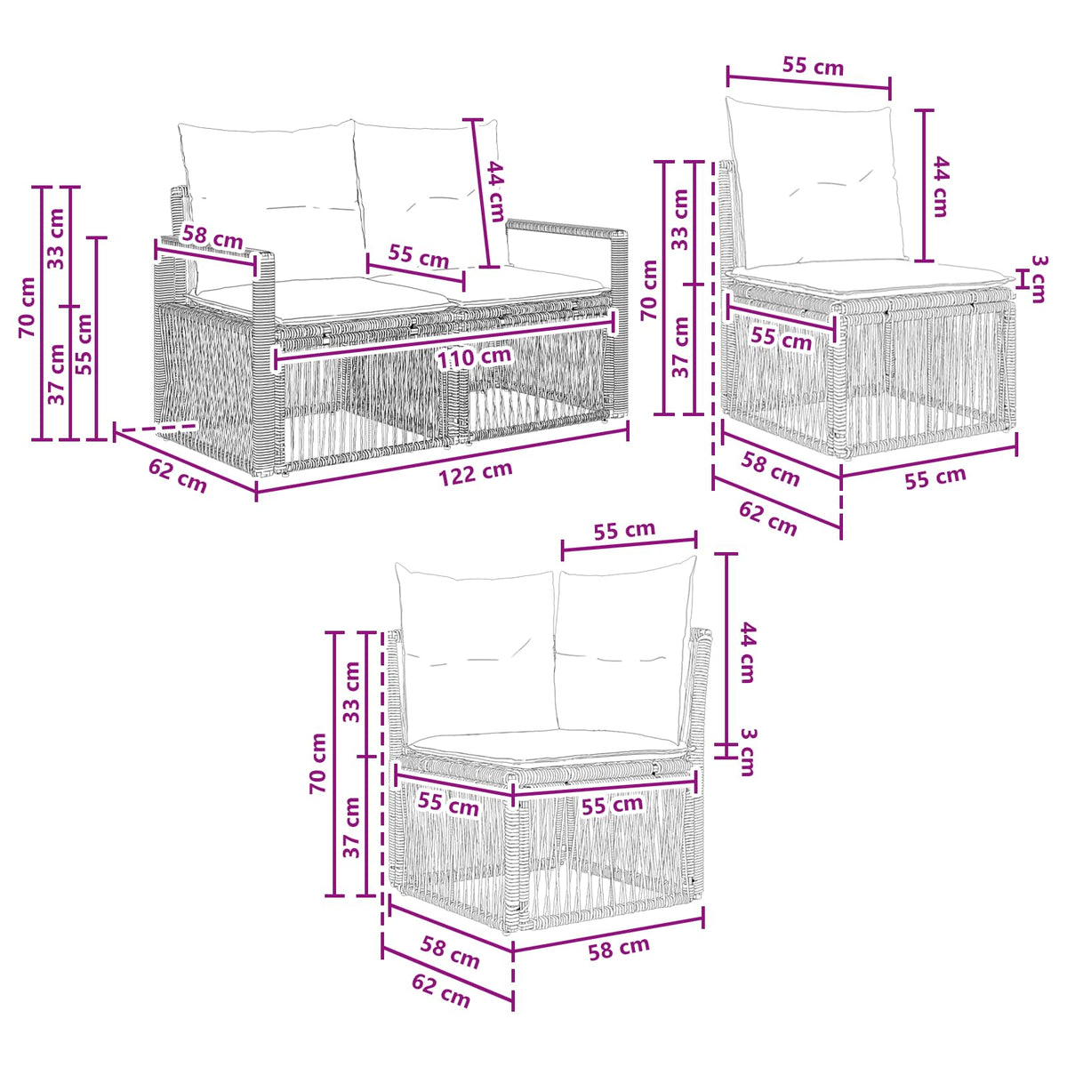 vidaXL Tuinbankenset 8 pcs Zwart poly rattan