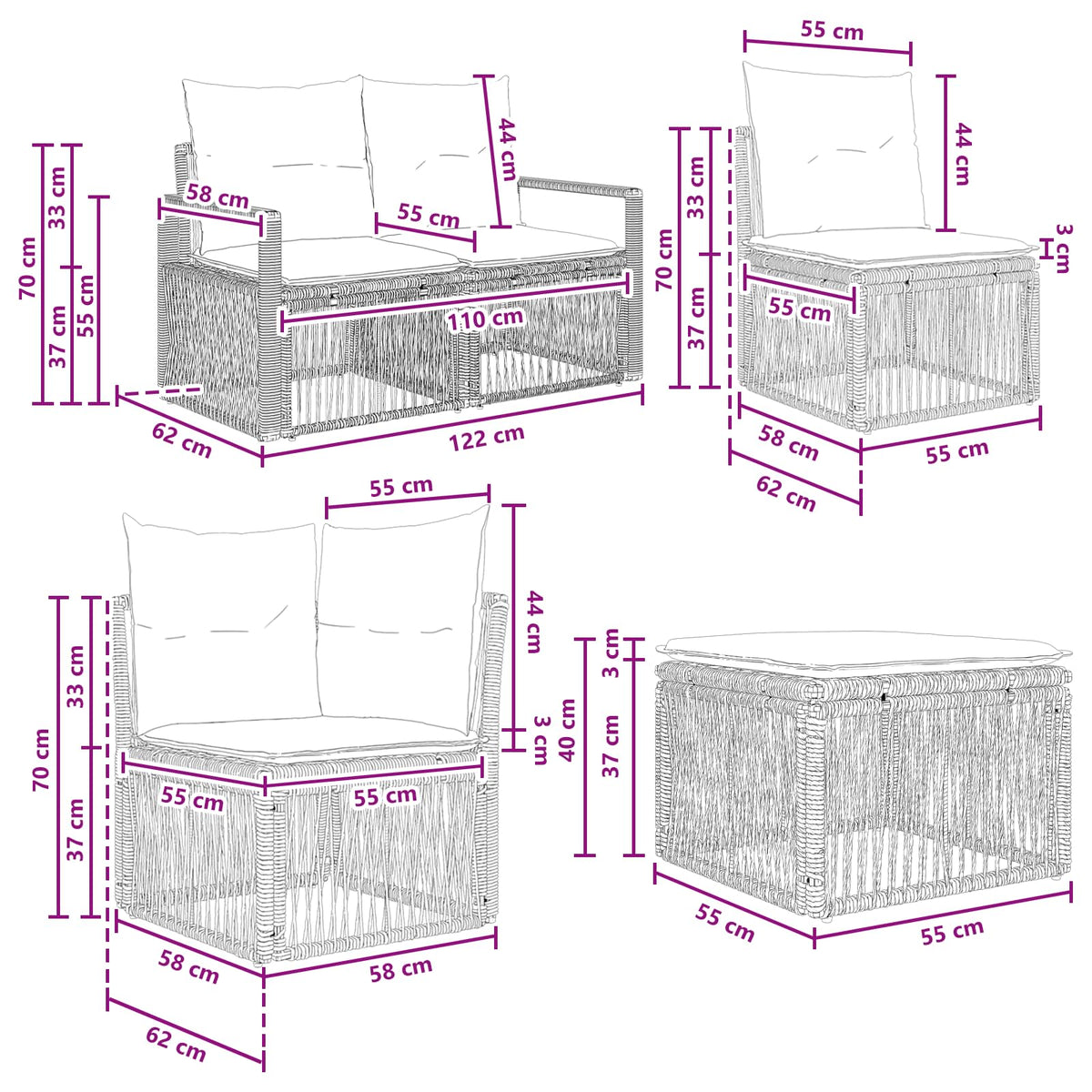 vidaXL Tuinbankenset 9 pcs Zwart poly rattan
