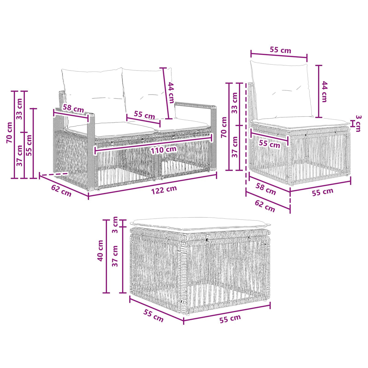 vidaXL Tuinbankenset 11 pcs Zwart poly rattan