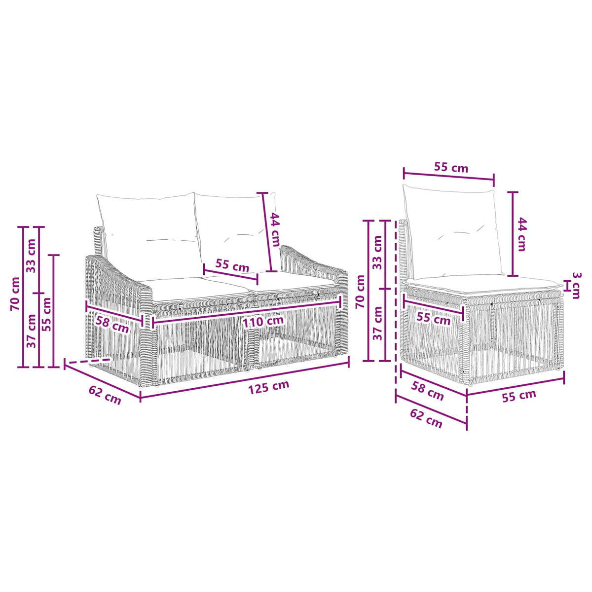 vidaXL Tuinbankenset 7 pcs Zwart poly rattan