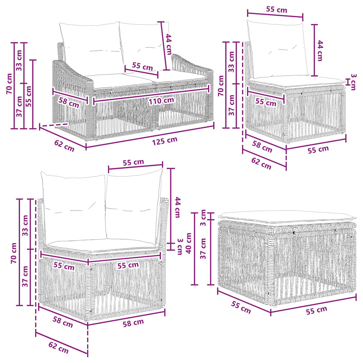 vidaXL Tuinbankenset 8 pcs Zwart poly rattan