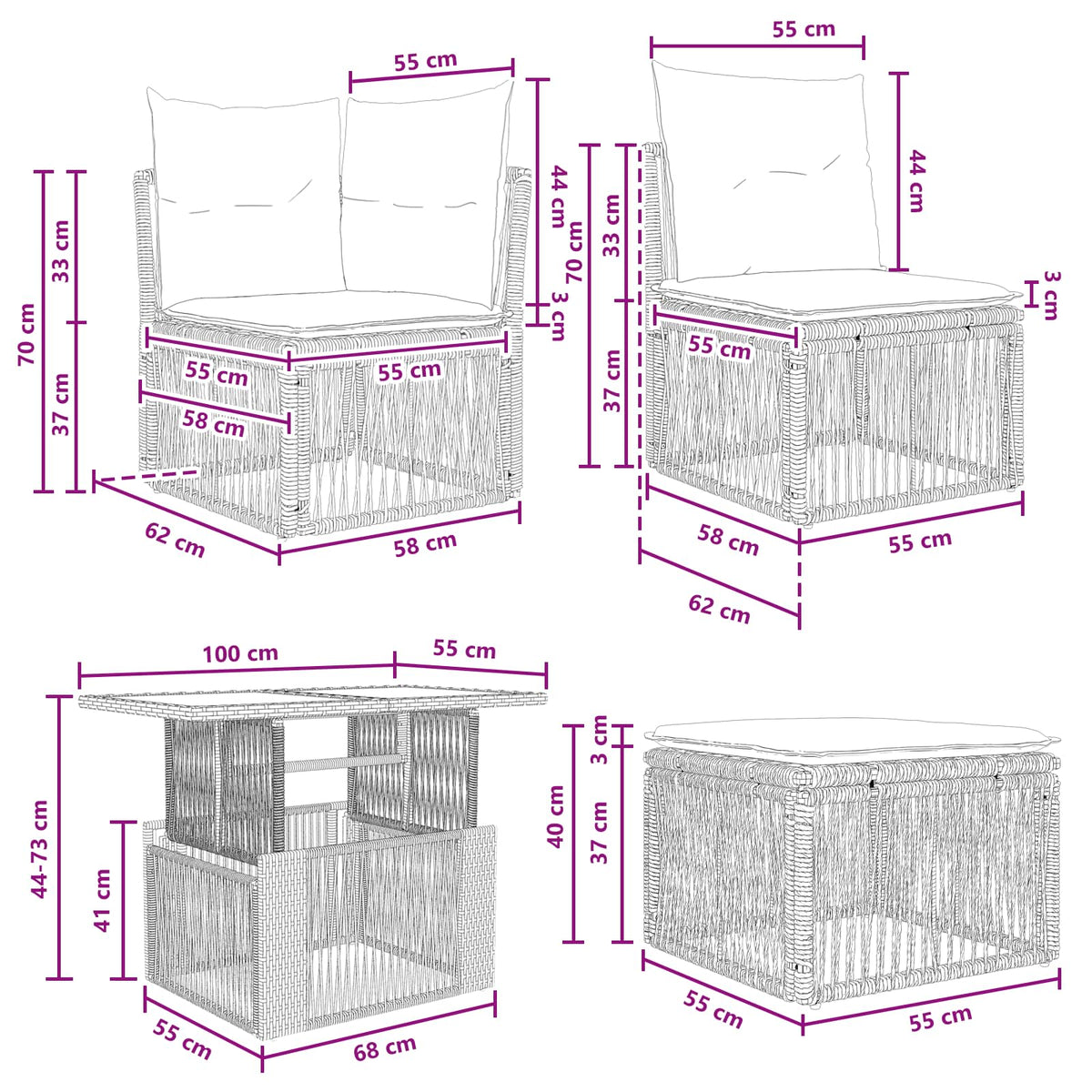 vidaXL Tuinbankenset 10 st Zwart poly rattan