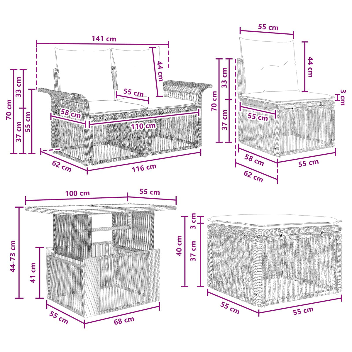 vidaXL Tuinbankenset 11 st Zwart en Cream Wit poly rattan