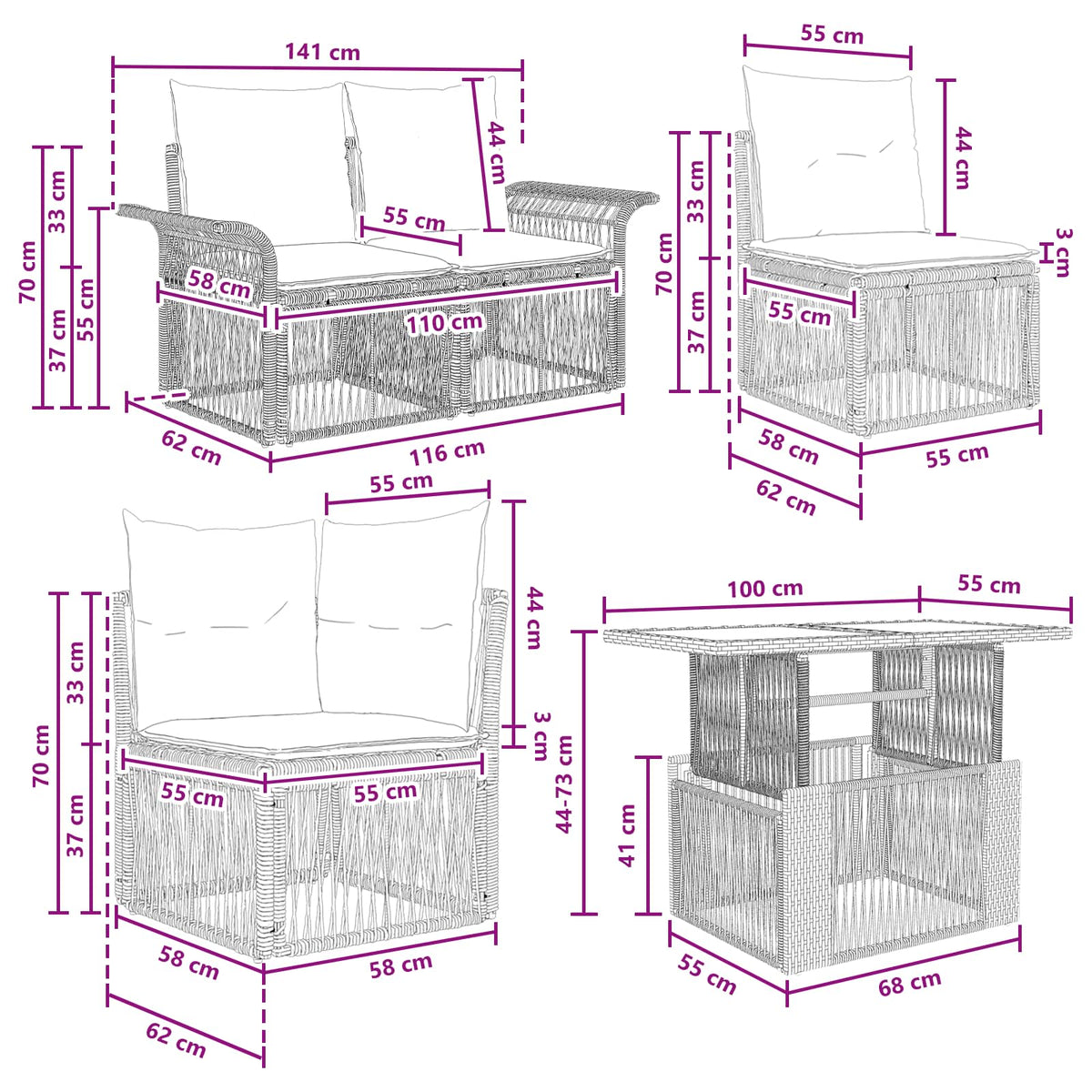 vidaXL Tuinbankenset 12 st Zwart en Cream Wit poly rattan