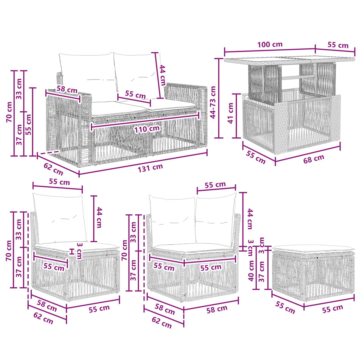 vidaXL Tuinbankenset 11 st Zwart en Cream Wit poly rattan