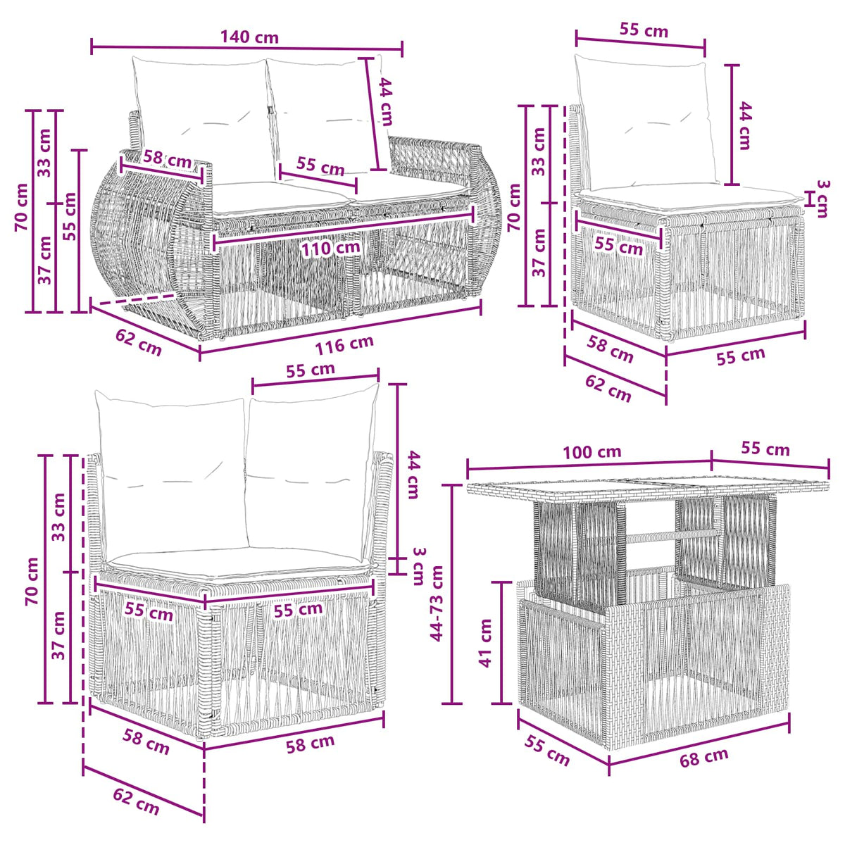 vidaXL Tuinbankenset 12 st Zwart en Cream Wit poly rattan