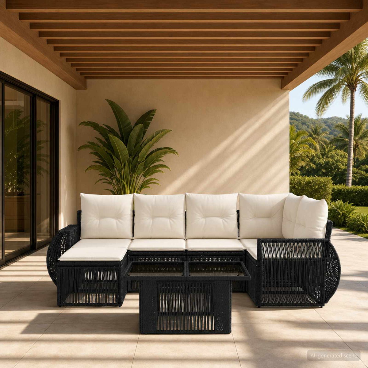 vidaXL Tuinbankenset 7 st Zwart en Cream Wit poly rattan