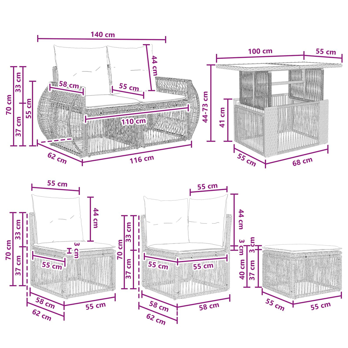 vidaXL Tuinbankenset 7 st Zwart en Cream Wit poly rattan