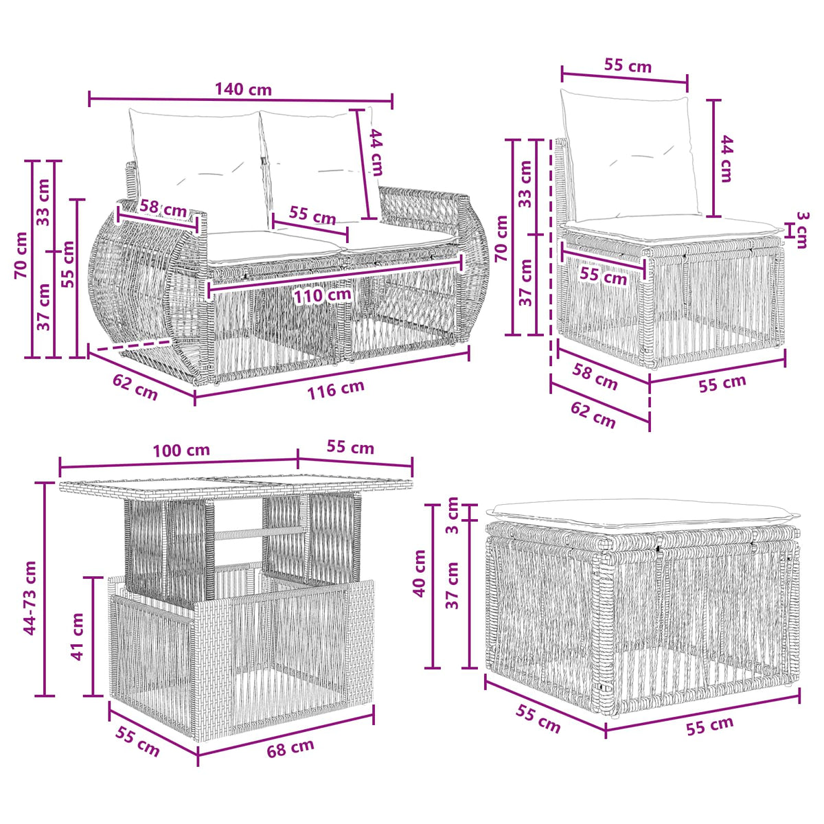 vidaXL Tuinbankenset 8 st Zwart en Cream Wit poly rattan