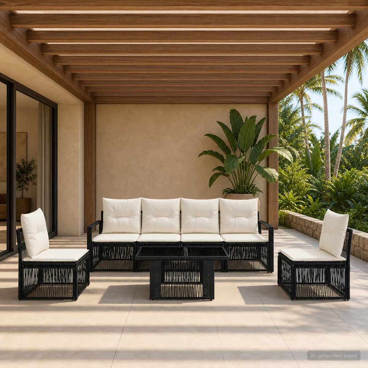 vidaXL Tuinbankenset 7 st Zwart en Cream Wit poly rattan