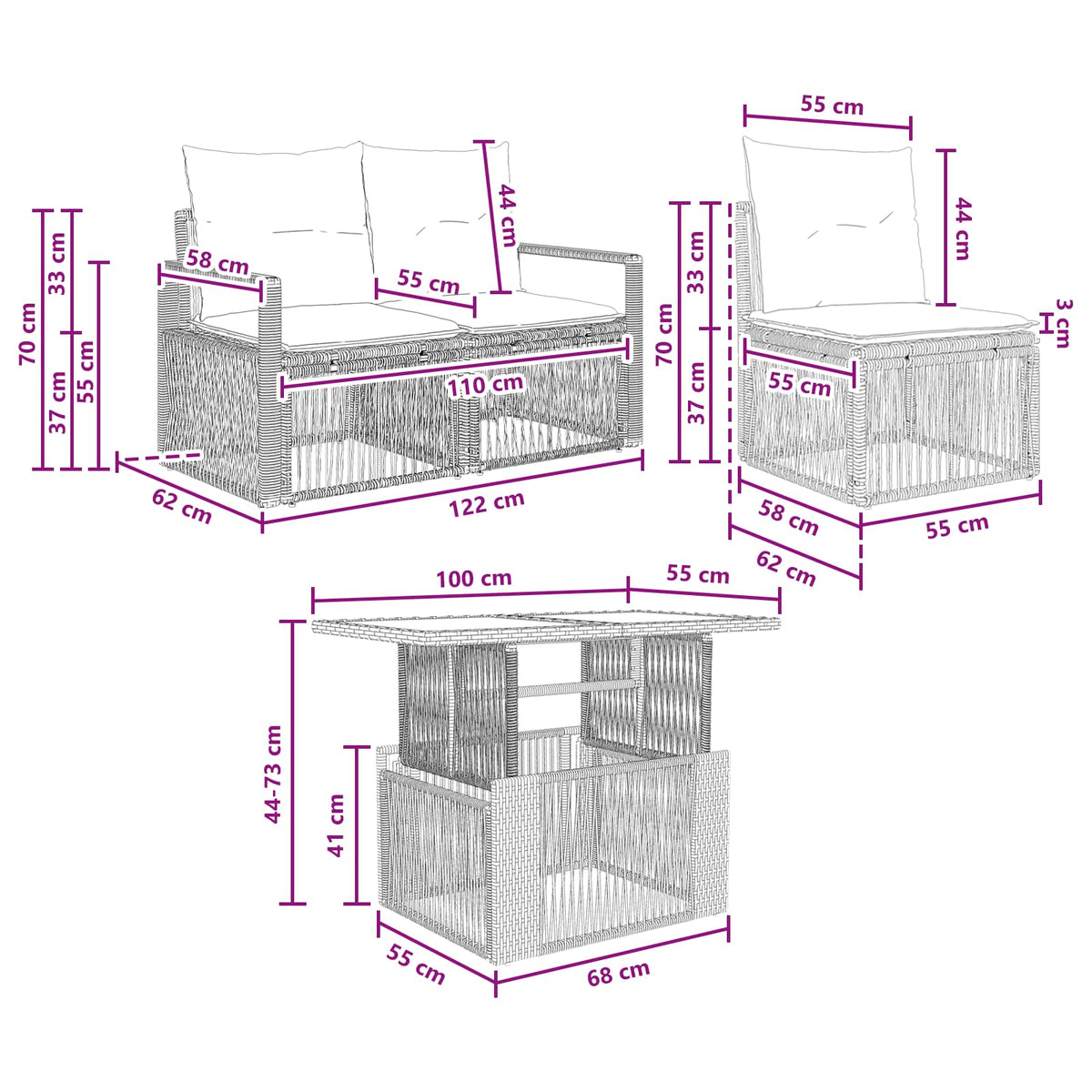 vidaXL Tuinbankenset 7 st Zwart en Cream Wit poly rattan