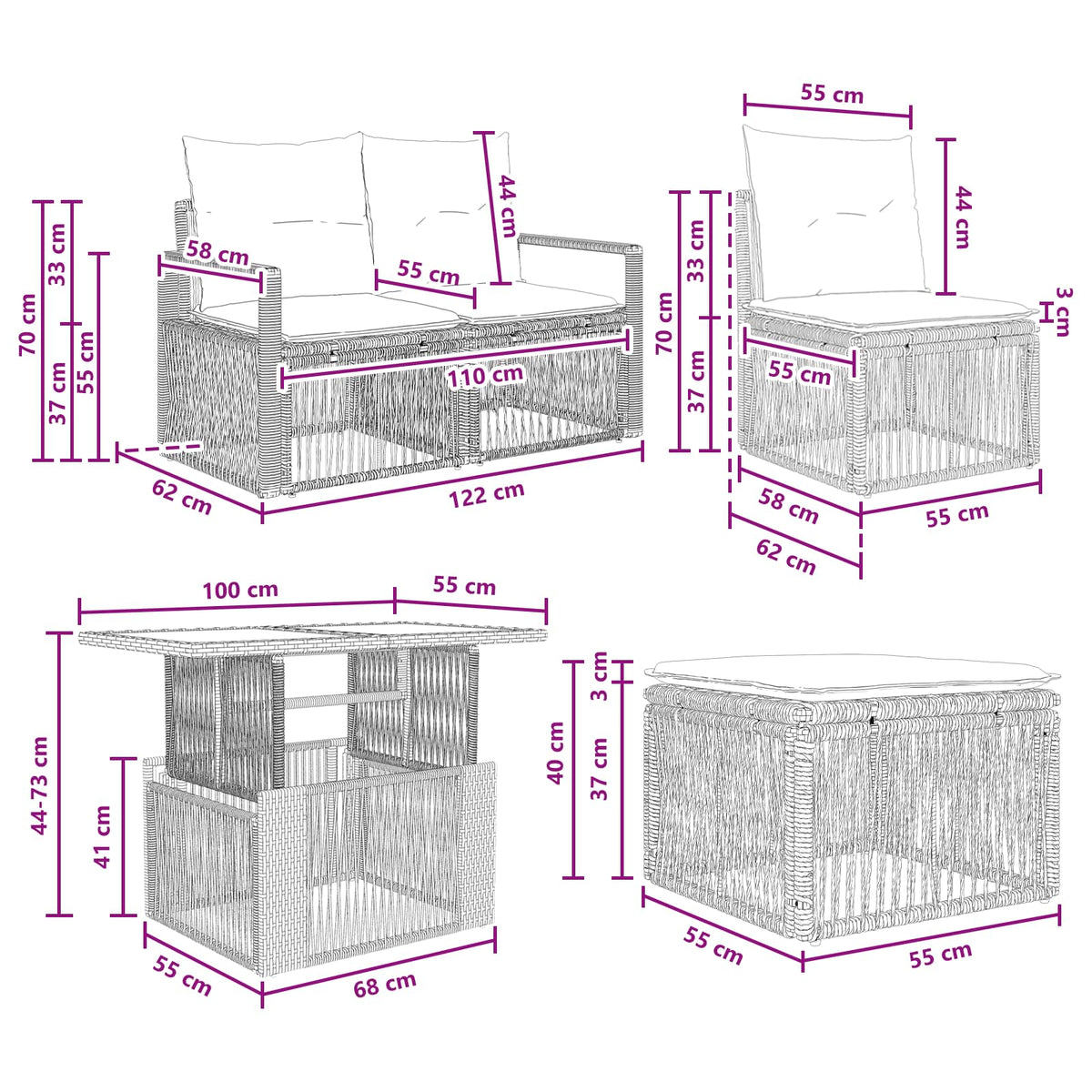 vidaXL Tuinbankenset 5 st Zwart en Cream Wit poly rattan