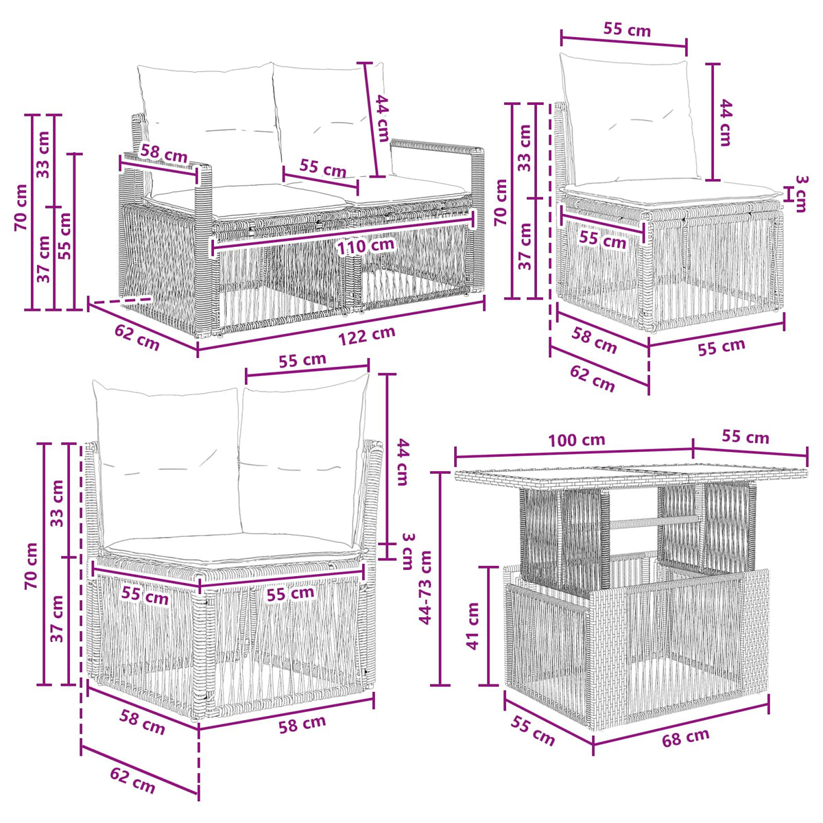 vidaXL Tuinbankenset 11 st Zwart en Cream Wit poly rattan