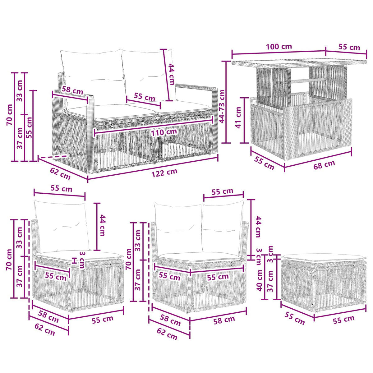 vidaXL Tuinbankenset 8 st Zwart en Cream Wit poly rattan