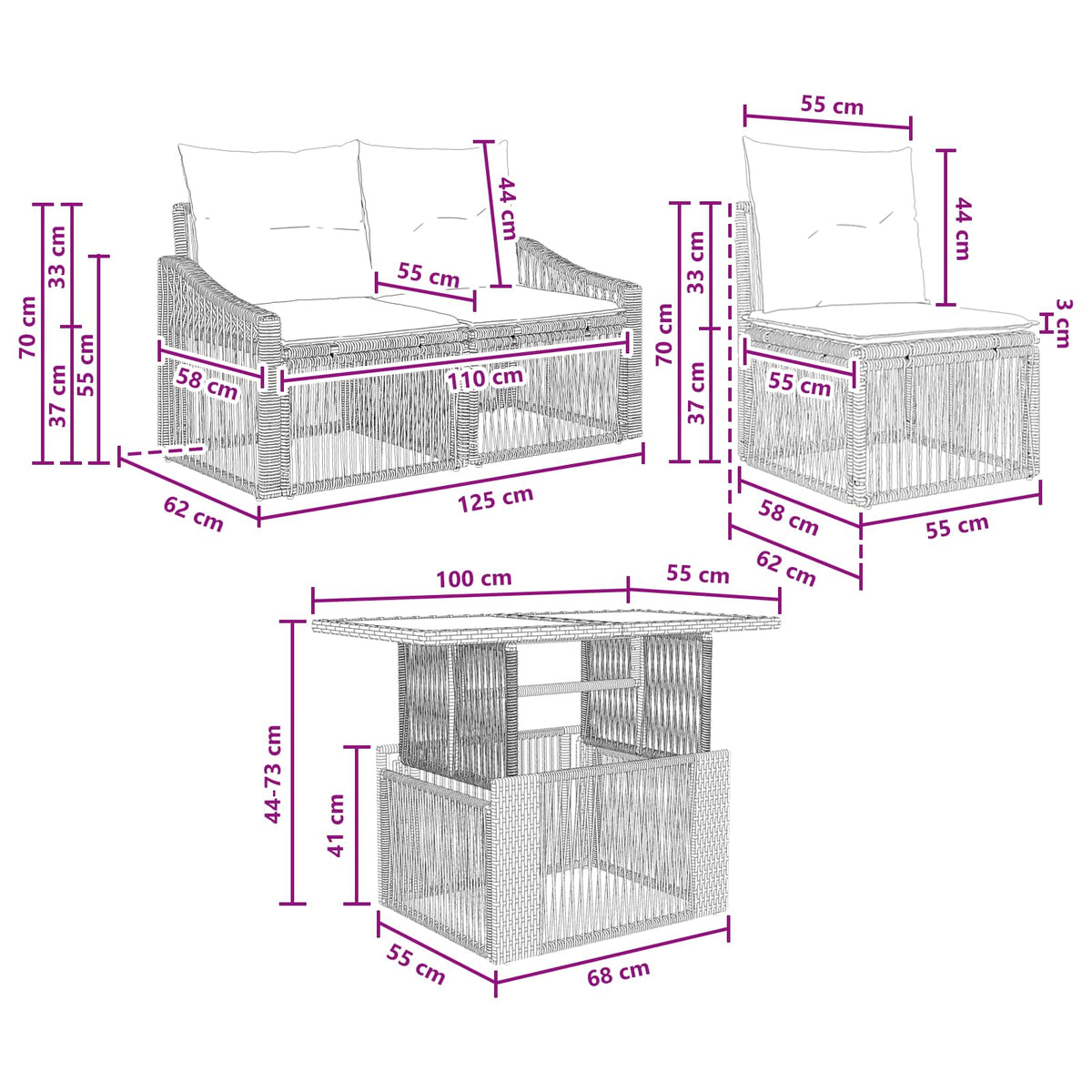 vidaXL Tuinbankenset 6 st Zwart en Cream Wit poly rattan