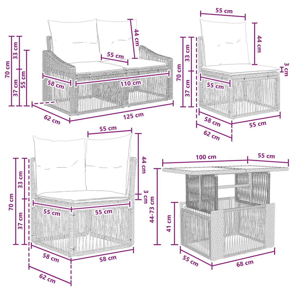 vidaXL Tuinbankenset 8 st Zwart en Cream Wit poly rattan