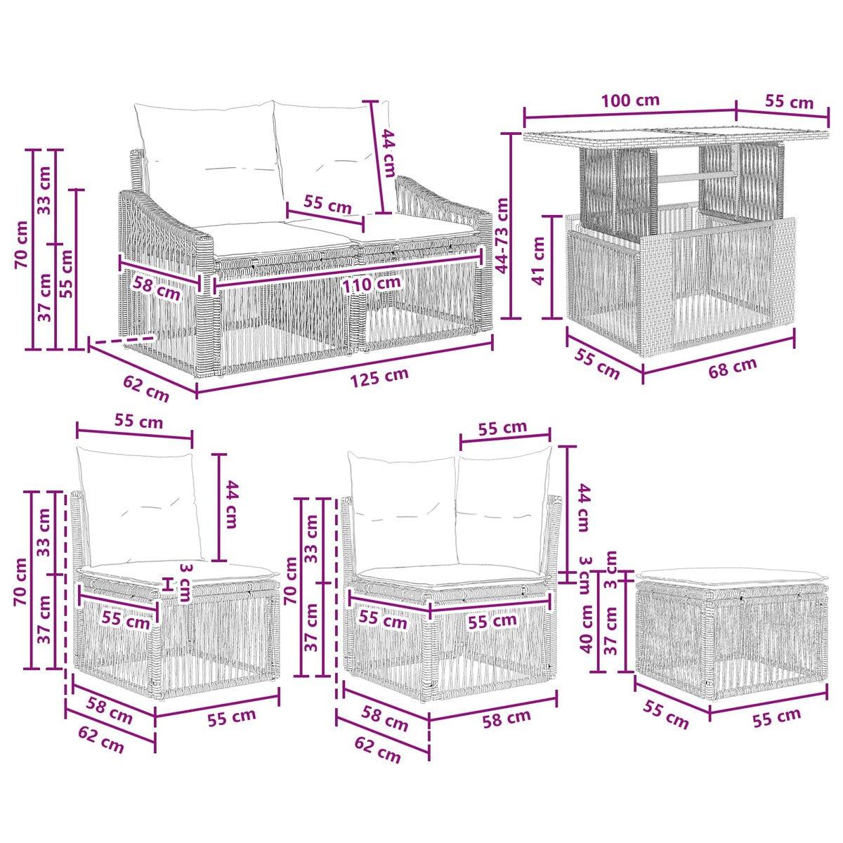 vidaXL Tuinbankenset 10 st Zwart en Cream Wit poly rattan