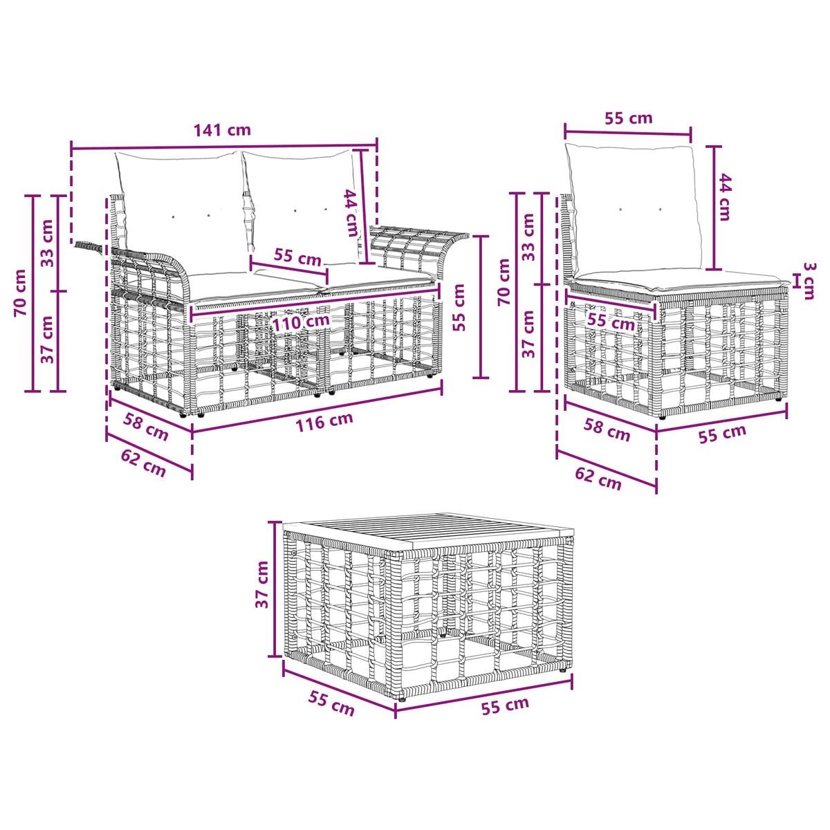 vidaXL Buiten bankenset 9 st Zwart en Donkergrijs poly rattan