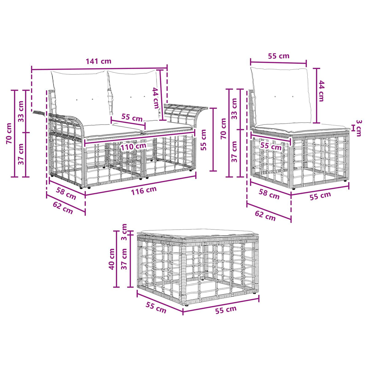 vidaXL Buiten bankenset 9 pcs Zwart en Donkergrijs Polyester