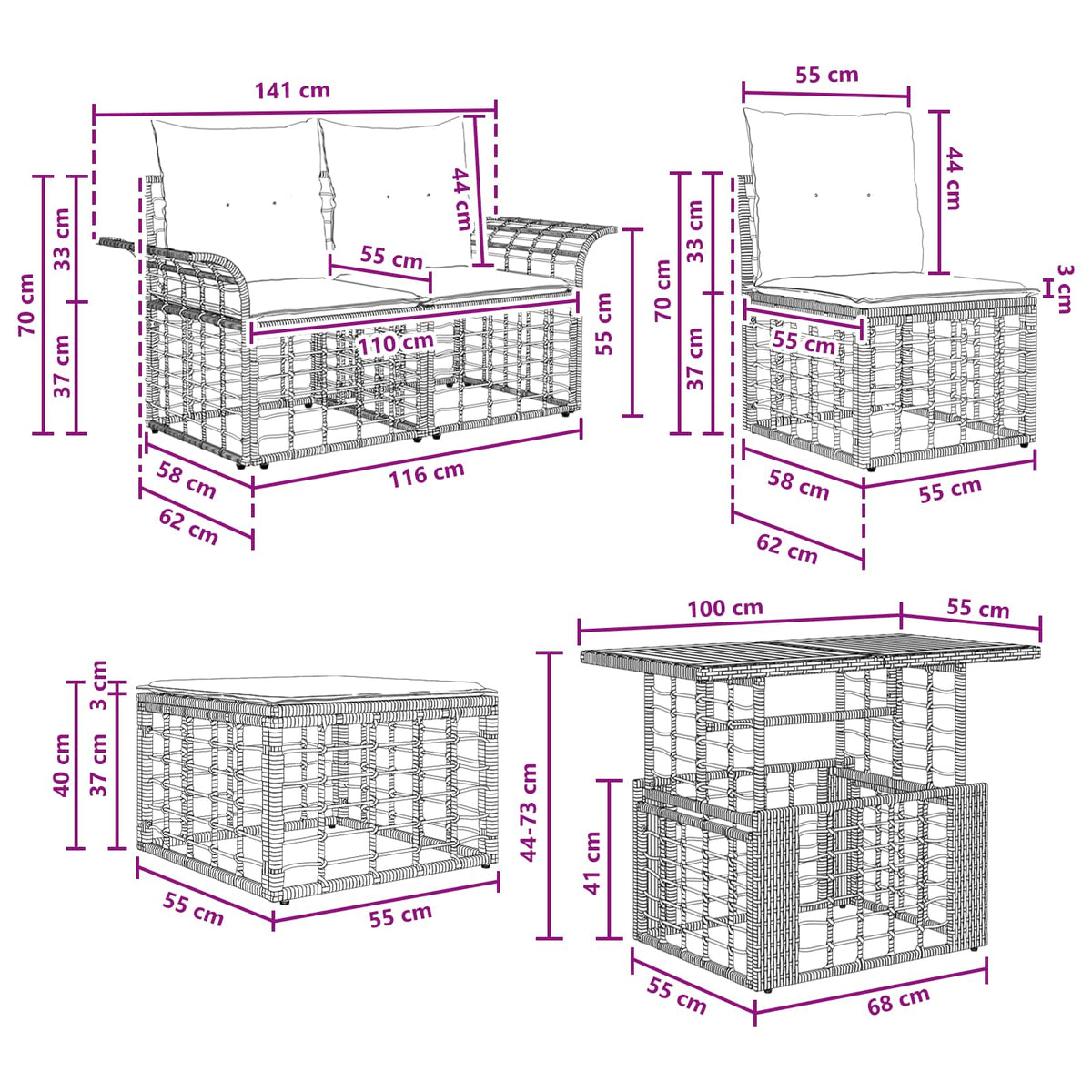 vidaXL Tuinbankenset 6 st Zwart en Donkergrijs poly rattan