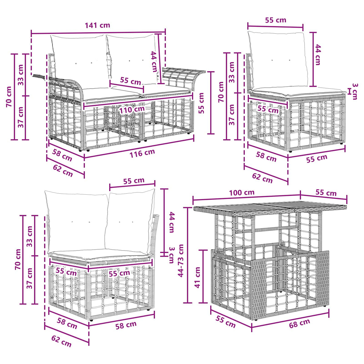 vidaXL Tuinbankenset 7 st Zwart en Donkergrijs poly rattan