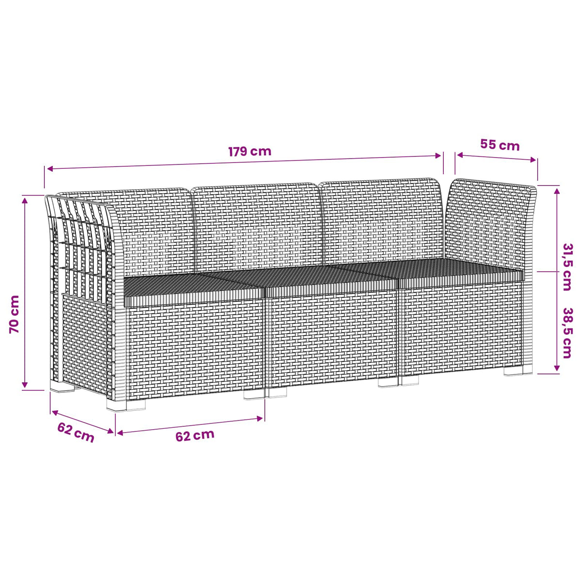 vidaXL 3-Zits Tuin Sofa Rattan Look PP Antraciet