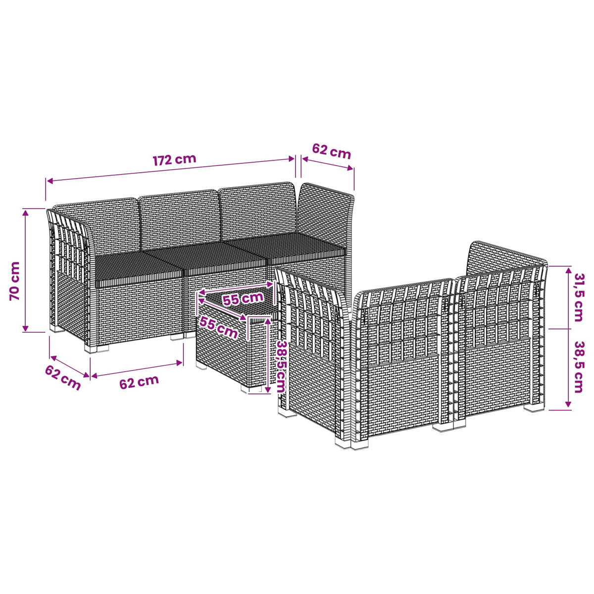 vidaXL 5-Zits Tuin Sofa Rattan Look PP Antraciet