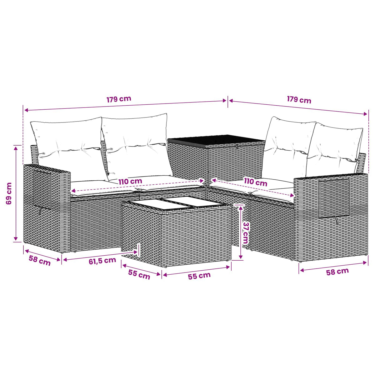 vidaXL Bankstel 6 st Zwart Poly Rattan en Staal